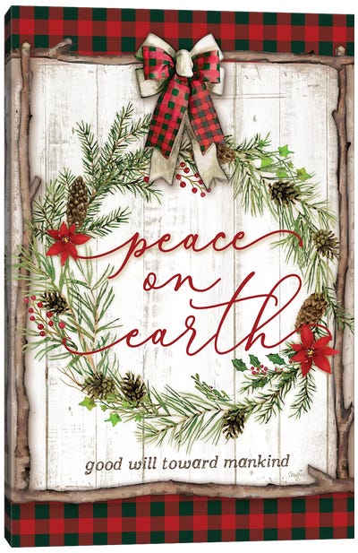 Peace on Earth Buffalo Plaid Canvas Art Print - Christmas Signs & Sentiments