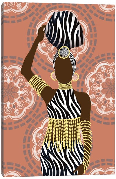 Woman Mandala Zebra Print Coral Canvas Art Print - Global Patterns