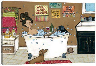 Weiner In The Tub Canvas Art Print - Bathroom Humor Art
