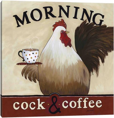 Morning Cock And Coffee Canvas Art Print - Chicken & Rooster Art