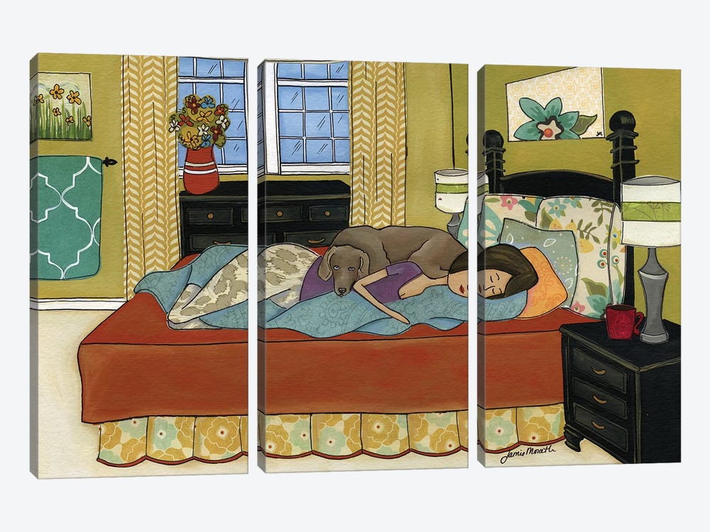 Weimaraner Bed Hog by Jamie Morath 3-piece Canvas Art Print