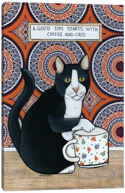Coffee And Cats Canvas Art Print - Tuxedo Cat Art