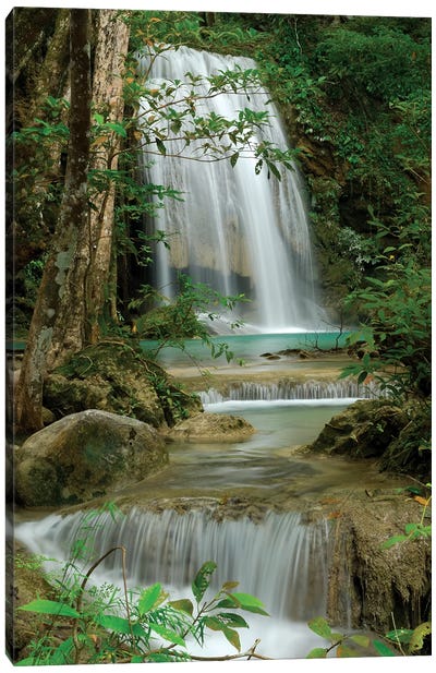 Seven Step Waterfall In Monsoon Forest, Erawan National Park, Thailand Canvas Art Print - Waterfall Art