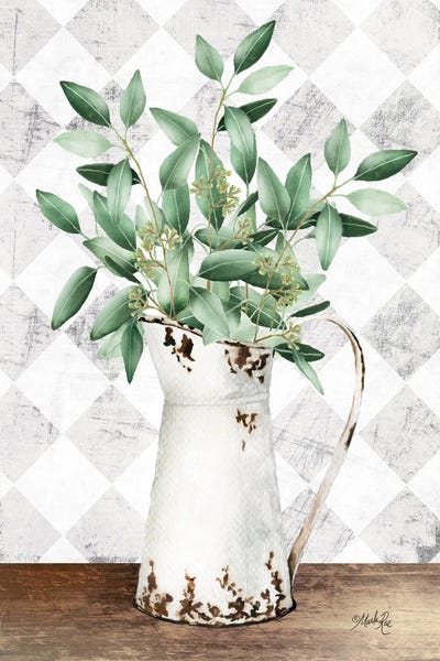 Modern Farmhouse Décor: Eucalyptus White Tin Pitcher by Marla Rae
