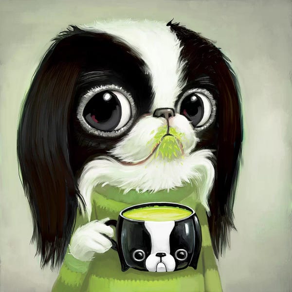 Black & White & Green: Japanese Chins Sips Matcha Latte by Melanie Schultz