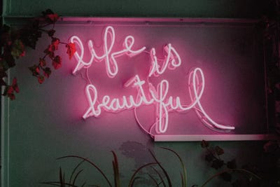 Life is Beautiful Neon by Mambo Art Studio framed canvas print