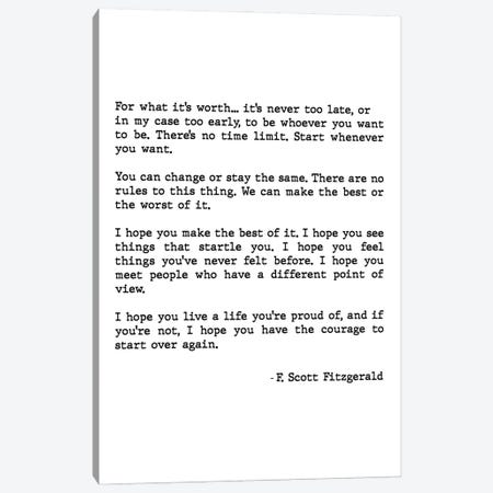 For What It's Worth Scott Fitzgerald Quote Canvas Print #MSD17} by Mambo Art Studio Canvas Art Print