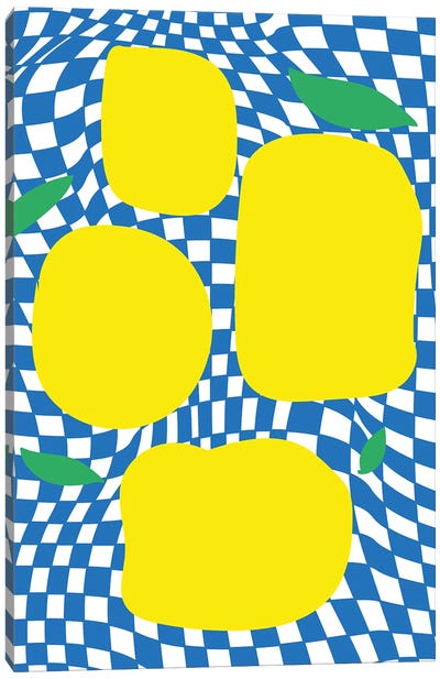 Checkerboard Pastel Blue Lemons Canvas Art Print - Mambo Art Studio