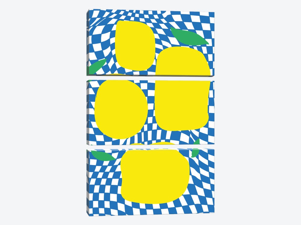 Checkerboard Pastel Blue Lemons by Mambo Art Studio 3-piece Canvas Art Print