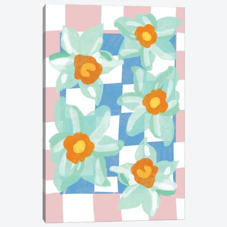 Daffodils Blue Pink Check Canvas Print #MSD196} by Mambo Art Studio Canvas Print