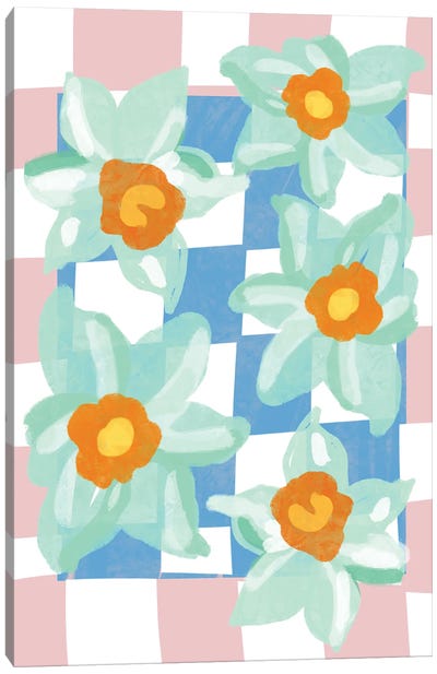 Daffodils Blue Pink Check Canvas Art Print - Daffodil Art