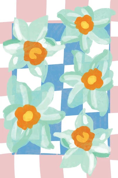 Daffodils: Daffodils Blue Pink Check by Mambo Art Studio
