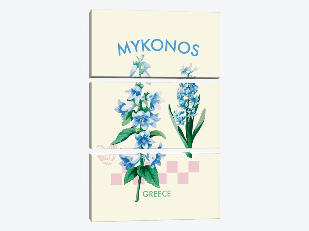 Mykonos Greece Flower Poster by Mambo Art Studio 3-piece Canvas Artwork