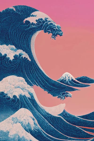 Mambo Art Studio: The Great Wave Off Kanagawa Pink Vaporwave by Mambo Art Studio