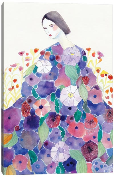 Lady In A Flower Dress Watercolour Canvas Art Print - Mambo Art Studio