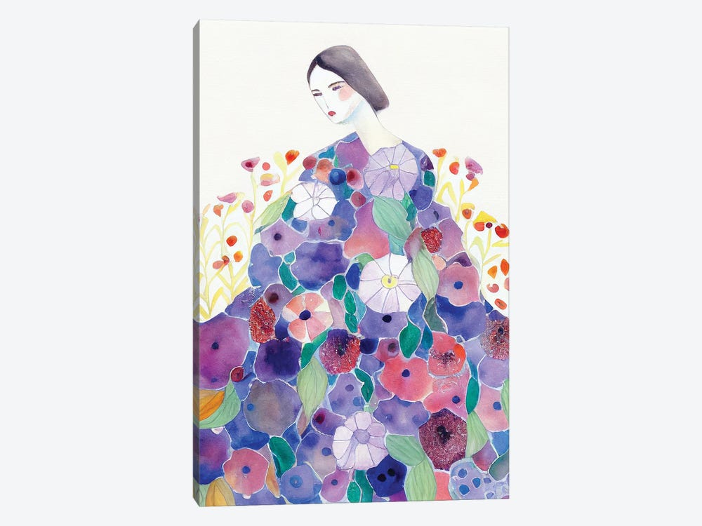 Lady In A Flower Dress Watercolour by Mambo Art Studio 1-piece Canvas Print