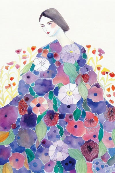 Mambo Art Studio: Lady In A Flower Dress Watercolour by Mambo Art Studio
