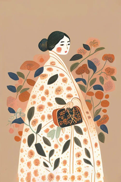 Girl With A Big Flower Dress And Handbag