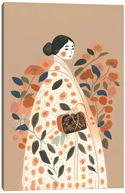 Girl With A Big Flower Dress And Handbag Canvas Art Print - Mambo Art Studio
