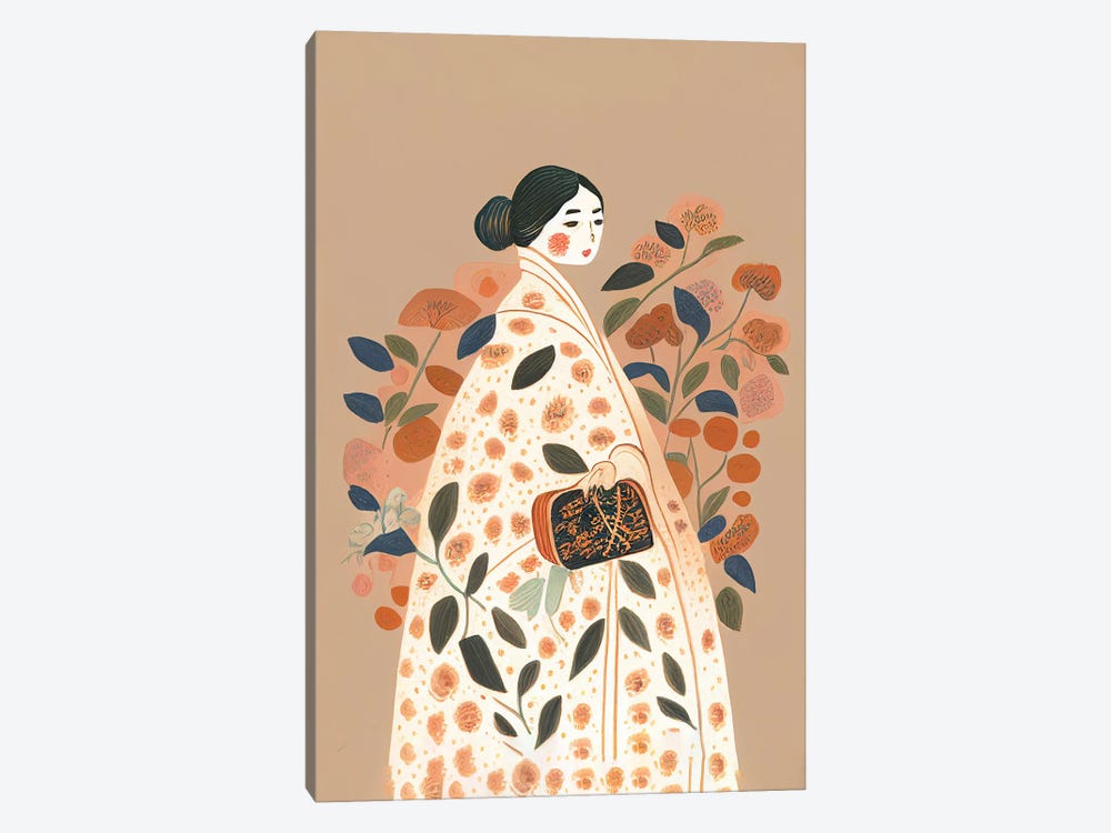 Girl With A Big Flower Dress And Handbag by Mambo Art Studio 1-piece Canvas Artwork