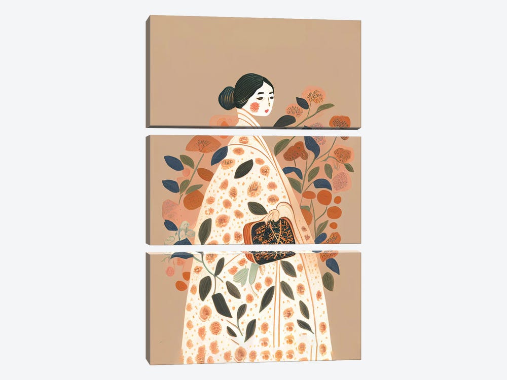 Girl With A Big Flower Dress And Handbag by Mambo Art Studio 3-piece Canvas Art