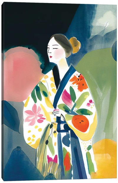 Girl With A Big Kimono And Flowers Watercolour Canvas Art Print - Mambo Art Studio