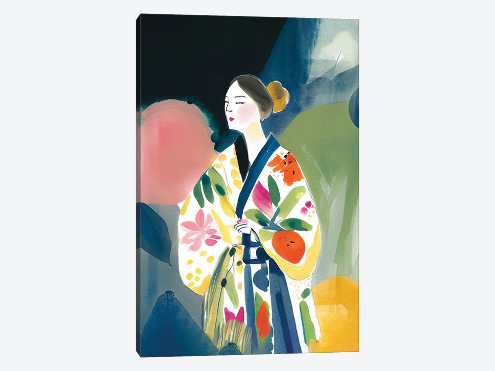 Girl With A Big Kimono And Flowers Watercolour by Mambo Art Studio 1-piece Canvas Print