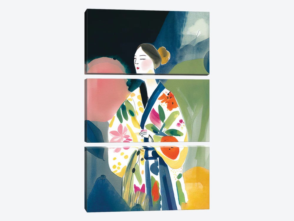 Girl With A Big Kimono And Flowers Watercolour by Mambo Art Studio 3-piece Canvas Art Print