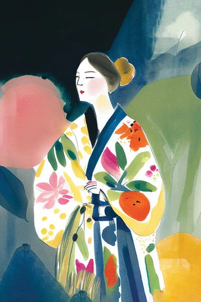 Mambo Art Studio: Girl With A Big Kimono And Flowers Watercolour by Mambo Art Studio