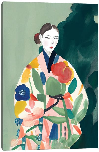 Girl With A Big Kimono Watercolour Canvas Art Print - Mambo Art Studio