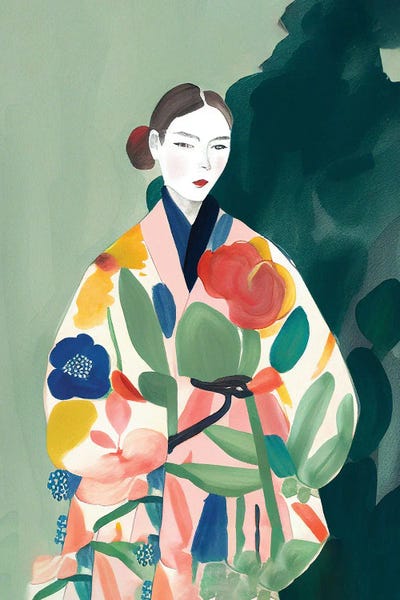 Mambo Art Studio: Girl With A Big Kimono Watercolour by Mambo Art Studio