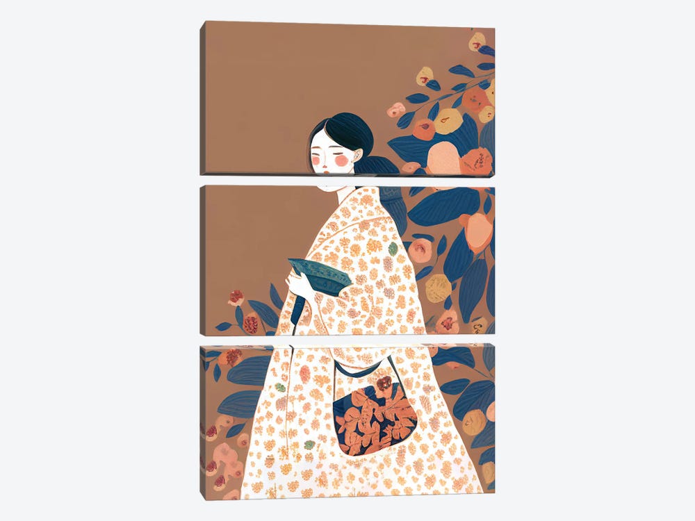 Girl With A Big Flower Dress by Mambo Art Studio 3-piece Canvas Print