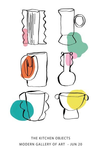 Kitchen Objects White Colours by Mambo Art Studio framed canvas print