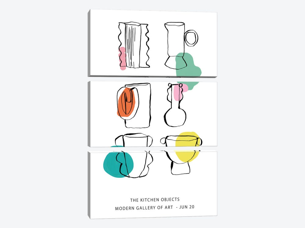 Kitchen Objects White Colours by Mambo Art Studio 3-piece Canvas Print