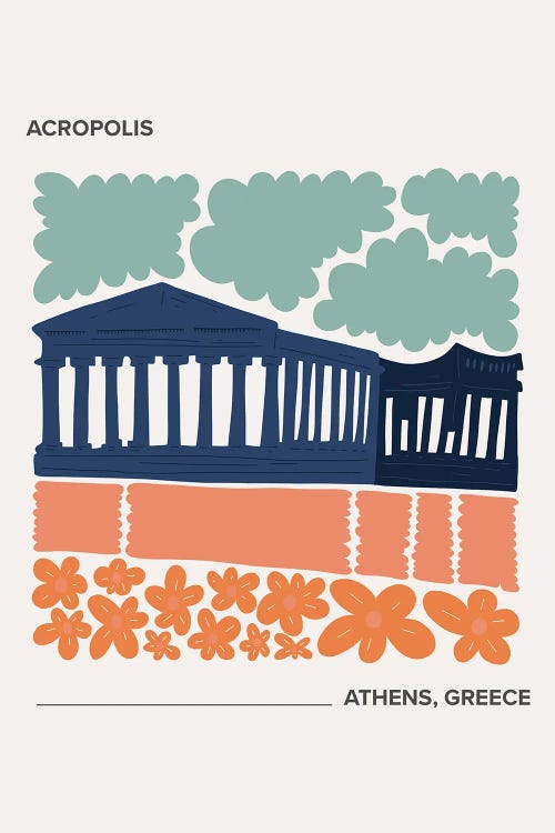 Acropolis - Athens, Greece, Warm Colours Illustration Travel Poster