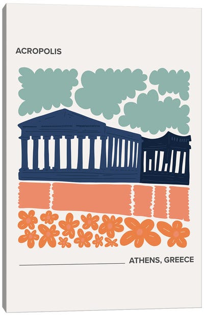 Acropolis - Athens, Greece, Warm Colours Illustration Travel Poster Canvas Art Print - Ancient Wonders