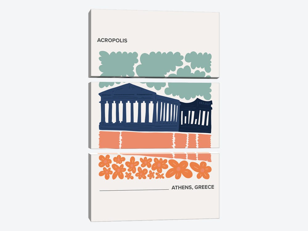 Acropolis - Athens, Greece, Warm Colours Illustration Travel Poster by Mambo Art Studio 3-piece Canvas Print