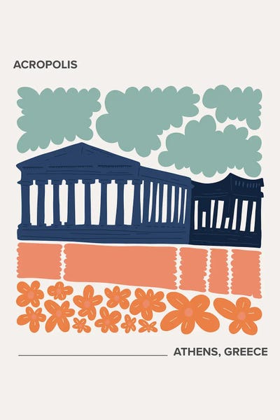 Ancient Ruins: Acropolis - Athens, Greece, Warm Colours Illustration Travel Poster by Mambo Art Studio