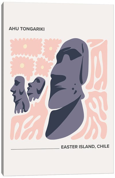 Ahu Tongariki - Easter Island, Chile, Warm Colours Illustration Travel Poster Canvas Art Print - Chile Art
