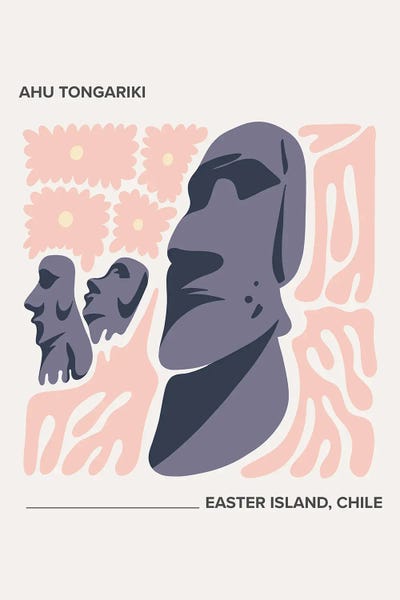 Ancient Wonders: Ahu Tongariki - Easter Island, Chile, Warm Colours Illustration Travel Poster by Mambo Art Studio