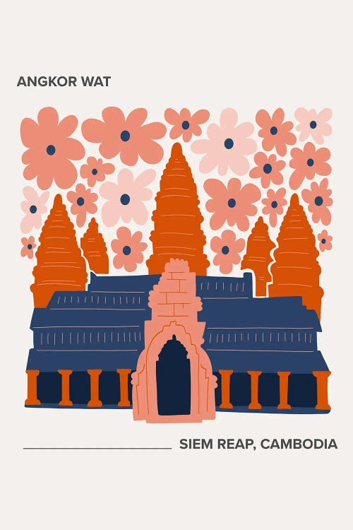 Angkor Wat - Siem Reap, Cambodia, Warm Colours Illustration Travel Poster