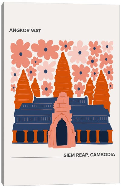 Angkor Wat - Siem Reap, Cambodia, Warm Colours Illustration Travel Poster Canvas Art Print - Mambo Art Studio
