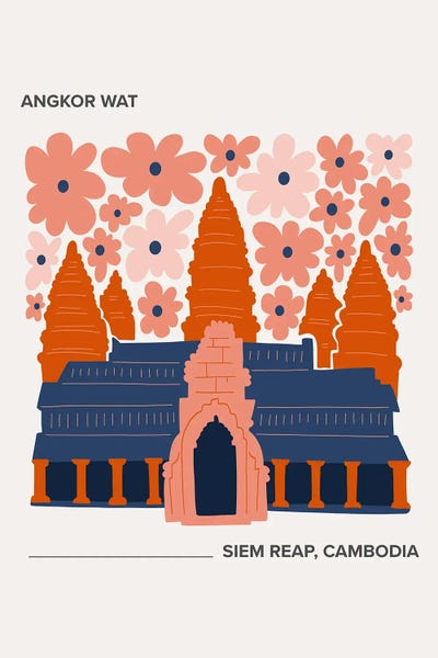 Cambodia: Angkor Wat - Siem Reap, Cambodia, Warm Colours Illustration Travel Poster by Mambo Art Studio
