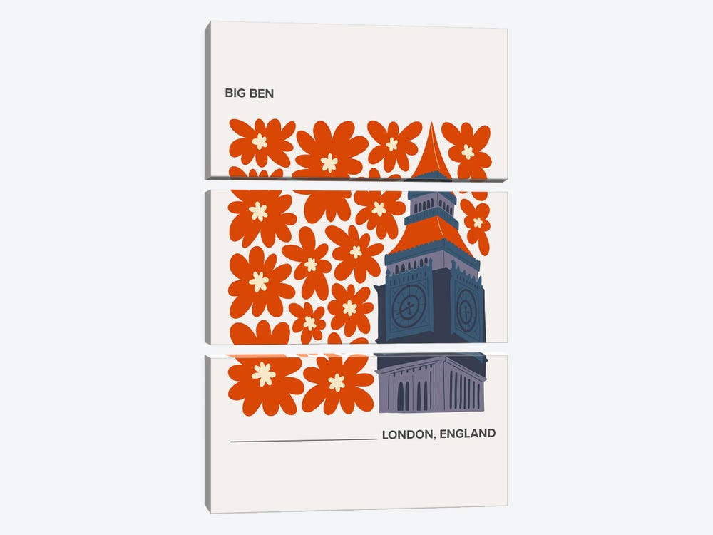 Big Ben - London, England, Warm Colours Illustration Travel Poster by Mambo Art Studio 3-piece Canvas Print