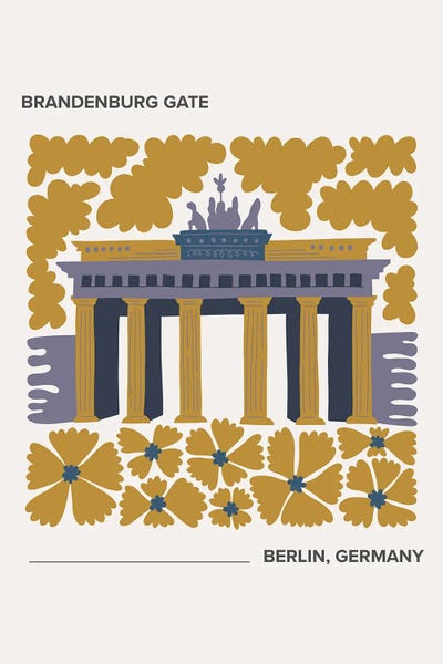 Mambo Art Studio: Brandenburg Gate - Berlin, Germany, Warm Colours Illustration Travel Poster by Mambo Art Studio