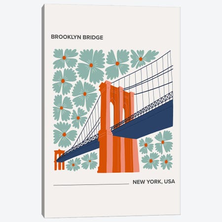 Brooklyn Bridge - New York, USA, Warm Colours Illustration Travel Poster Canvas Print #MSD392} by Mambo Art Studio Canvas Artwork