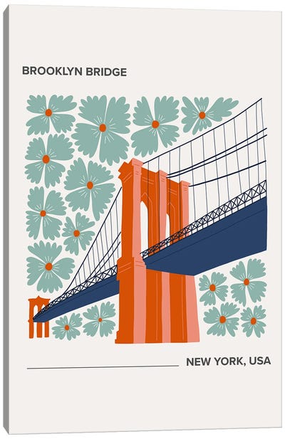 Brooklyn Bridge - New York, USA, Warm Colours Illustration Travel Poster Canvas Art Print - New York City Travel Posters