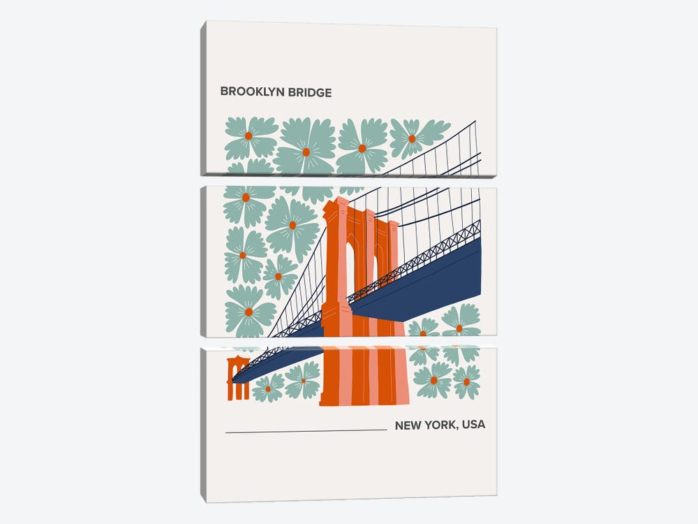 Brooklyn Bridge - New York, USA, Warm Colours Illustration Travel Poster by Mambo Art Studio 3-piece Canvas Print
