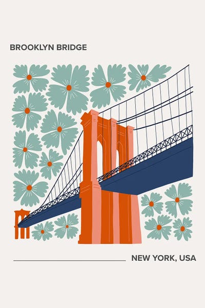 Mambo Art Studio: Brooklyn Bridge - New York, USA, Warm Colours Illustration Travel Poster by Mambo Art Studio