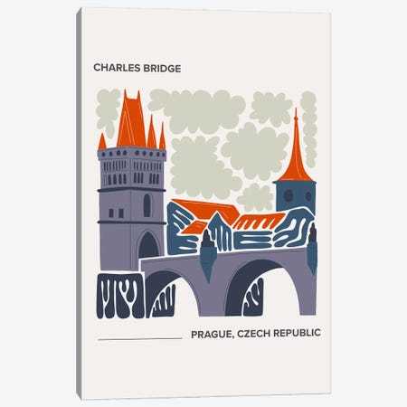 Charles Bridge - Prague, Czech Republic, Warm Colours Illustration Travel Poster Canvas Print #MSD394} by Mambo Art Studio Art Print